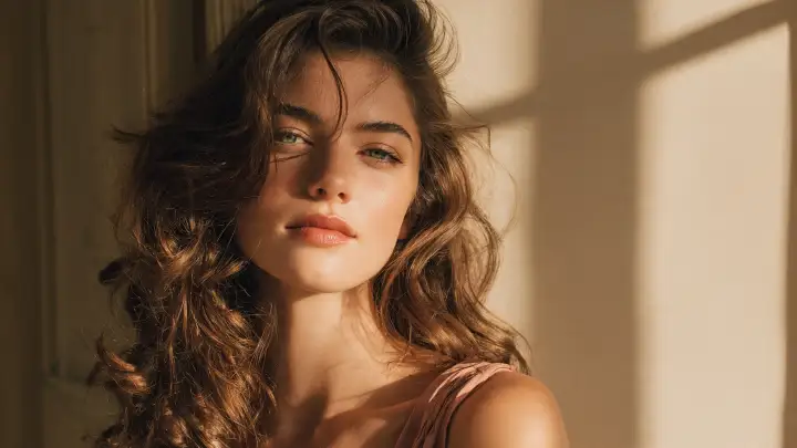 Donna con capelli mossi castani lunghi e voluminosi, taglio anti afa illuminato dal sole