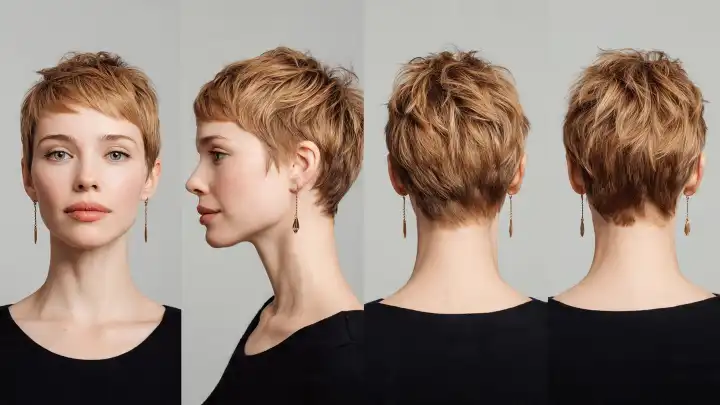 Taglio capelli anti afa: pixie biondo dettaglio Pixie corto biondo ramato con orecchini pendenti, viste frontale, laterale e posteriore, taglio anti afa