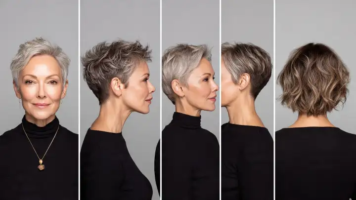 Taglio capelli anti afa: pixie corto grigio Pixie corto grigio argento con nuca sfumata, viste frontale, laterale e posteriore, taglio anti afa over 50
