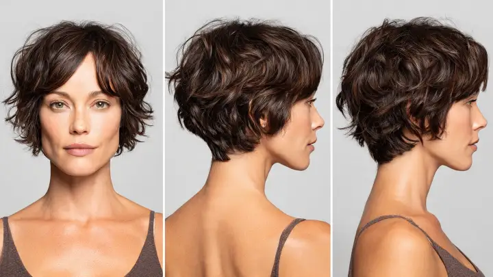 Taglio capelli anti afa: pixie lungo mosso Pixie lungo mosso castano scuro con ciuffo scalato, viste frontale, laterale e posteriore, taglio anti afa
