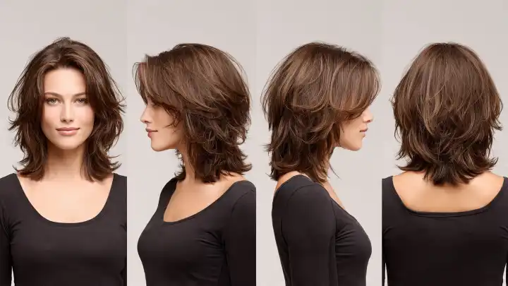 Taglio capelli anti afa: shag medio scalato Taglio shag medio scalato castano con ciocche movimentate, viste frontale, laterale e posteriore, taglio anti afa