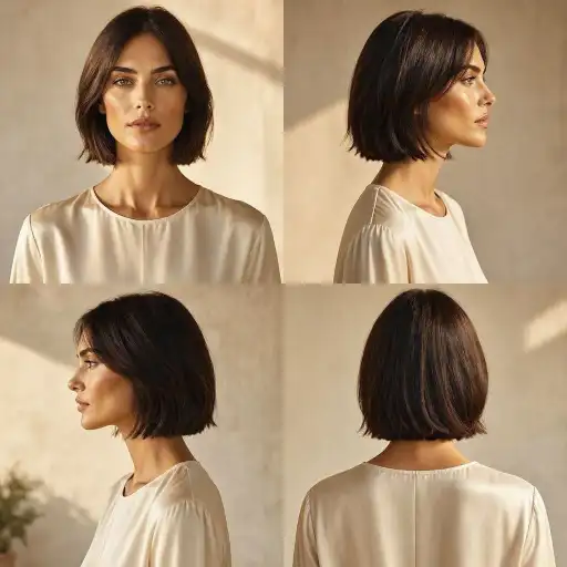 Taglio capelli fini: bob castano scuro Bob castano scuro con frangia laterale e forma compatta, viste frontale, laterale e posteriore, taglio per capelli fini