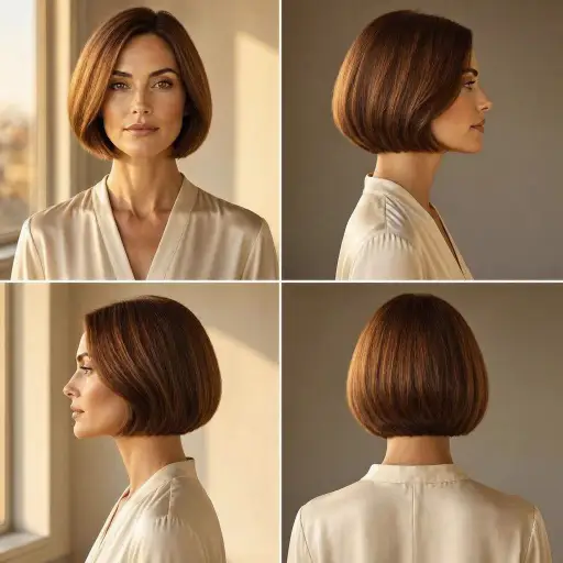 Taglio capelli fini: bob corto con volume Bob corto castano con volume alla radice, viste frontale, laterale e posteriore, taglio per capelli fini