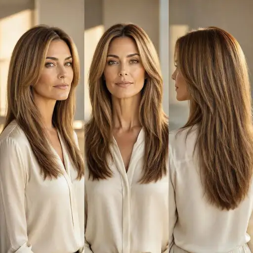 Taglio capelli fini: lunghi scalati nocciola Capelli lunghi castano nocciola con scalatura leggera e riflessi caldi, viste frontale, laterale e posteriore, taglio per capelli fini