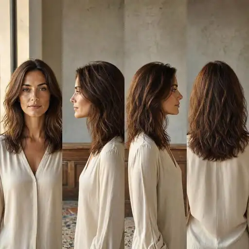 Taglio capelli fini: medio mosso scalato Taglio a lunghezza media castano scalato e mosso con riflessi caldi, viste frontale, laterale e posteriore, taglio per capelli fini