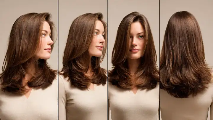 Taglio capelli fini: scalato medio con volume Taglio scalato lunghezza media castano con volume alla radice, viste laterale, laterale opposta, frontale e posteriore, taglio per capelli fini