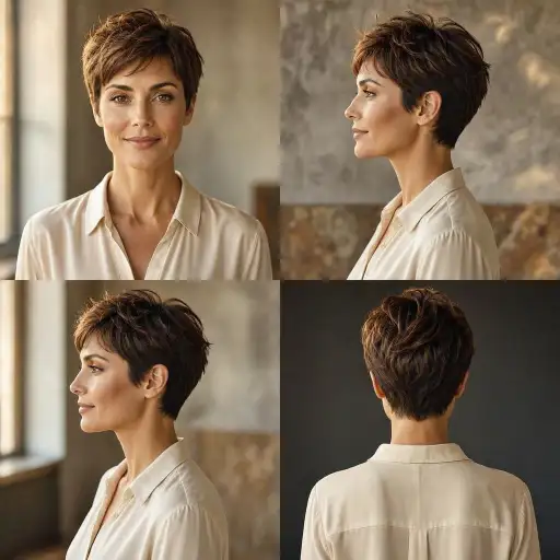 Taglio capelli fini: pixie corto texturizzato Pixie corto castano texturizzato con ciuffo scalato, viste frontale, laterale e posteriore, taglio per capelli fini
