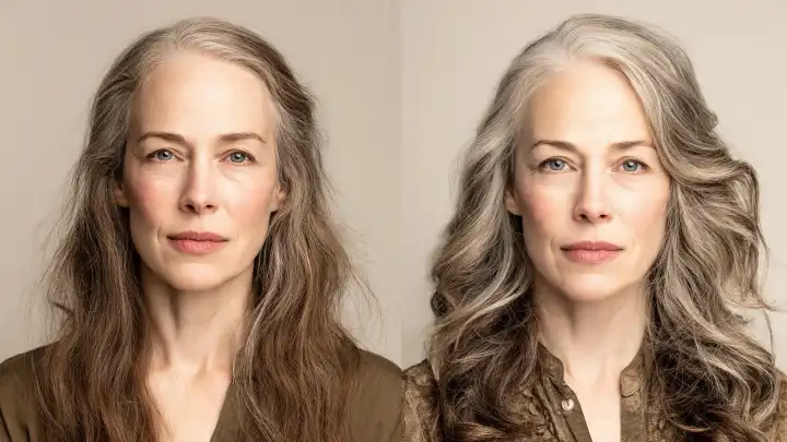 Taglio capelli fini: prima e dopo volume Confronto prima e dopo di capelli lunghi grigio-castano, piatti a sinistra e con volume mosso a destra, capelli fini