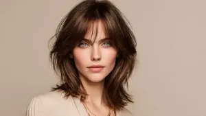 Ritratto di donna con taglio shag castano a lunghezza media, frangia scalata e volume voluminoso, taglio per capelli fini