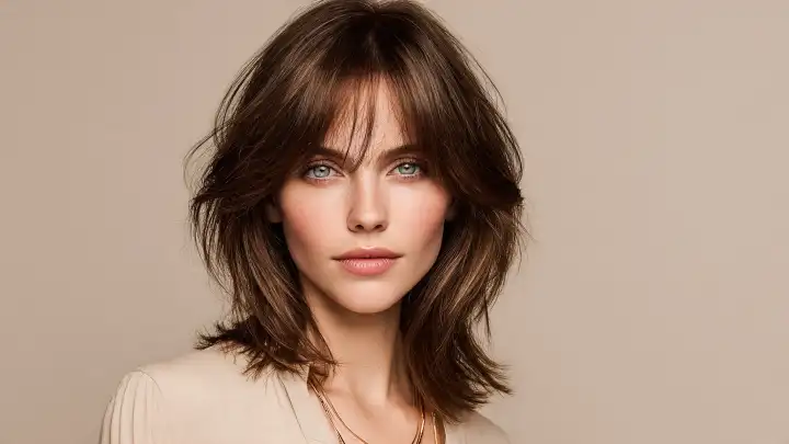 Ritratto di donna con taglio shag castano a lunghezza media, frangia scalata e volume voluminoso, taglio per capelli fini