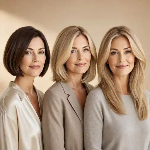 Taglio capelli fini: confronto tre lunghezze Tre donne con tagli diversi per capelli fini: bob scuro corto, medio biondo e lungo biondo con volume