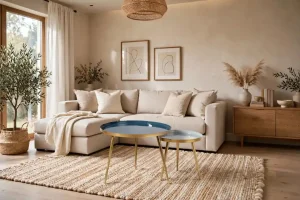 Tavolini impilabili Avril di Maisons du Monde in ferro blu e oro, di due dimensioni diverse, in un soggiorno beige con divano ad angolo e tappeto in fibra naturale