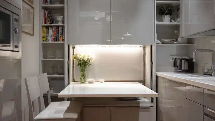 Tavolo a scomparsa integrato nei mobili cucina per ottimizzare lo spazio in una cucina piccola Tavolo a scomparsa estraibile da un mobile cucina illuminato, con sedie imbottite e libreria a giorno per libri di cucina sullo sfondo