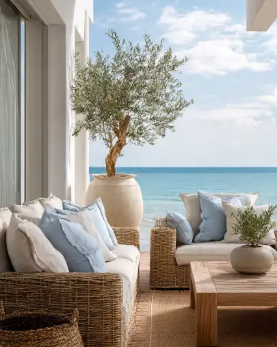 Terrazza casa al mare con vista sull'oceano e ulivo Terrazza sul mare con divani in rattan, cuscini bianchi e celesti, ulivo in vaso di terracotta e tavolino in legno
