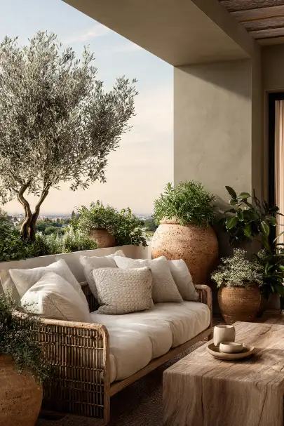 Terrazzo verde oliva tramonto colline vista panoramica Terrazzo verde oliva al tramonto con vista sulle colline toscane, divano beige, tavolino in rattan con candele accese e ulivo in vaso