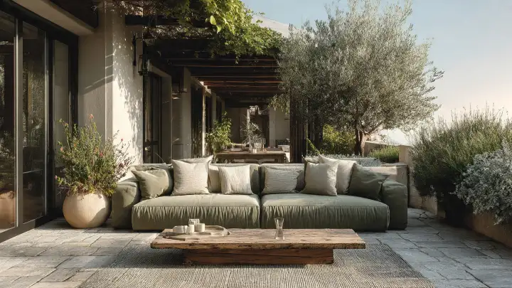 Terrazzo verde oliva mediterraneo divano pergola ulivo Terrazzo verde oliva mediterraneo con divano verde salvia, pergola in legno, ulivo secolare e piante aromatiche su pavimento in pietra