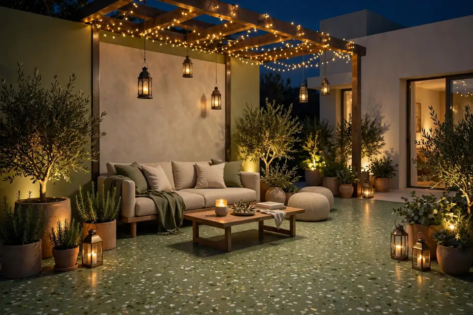 Terrazzo verde oliva serale luci pergola lanterne Terrazzo verde oliva serale con divano beige, ulivi in vaso illuminati, pergola con luci a stringa e lanterne a lume di candela, pavimento in graniglia verde
