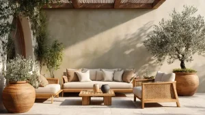 Terrazzo verde oliva mediterraneo con divano e poltrona in teak e vimini, cuscini beige, ulivi in giare di terracotta su pavimento in pietra chiara