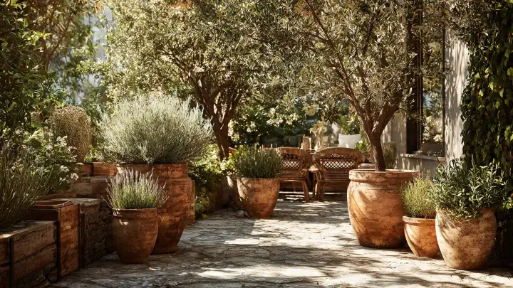 Terrazzo verde oliva ulivi vasi terracotta lavanda Terrazzo verde oliva ombreggiato con ulivi in vasi di terracotta, lavanda e arredi in vimini su pavimento in pietra naturale