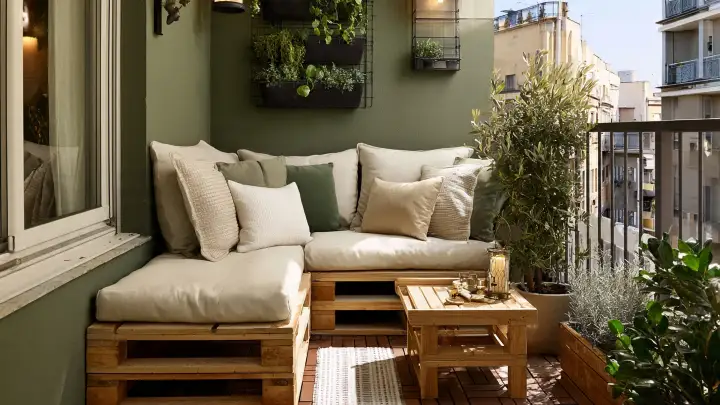 Terrazzo verde oliva urbano divano pallet giardino verticale Terrazzo verde oliva urbano con divano in pallet, cuscini panna e verde salvia, giardino verticale a parete e ulivo in vaso con vista sui tetti