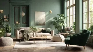 Soggiorno elegante con pareti color verde salvia, divano beige, poltrona in velluto verde scuro, grandi finestre luminose e piante d'appartamento.