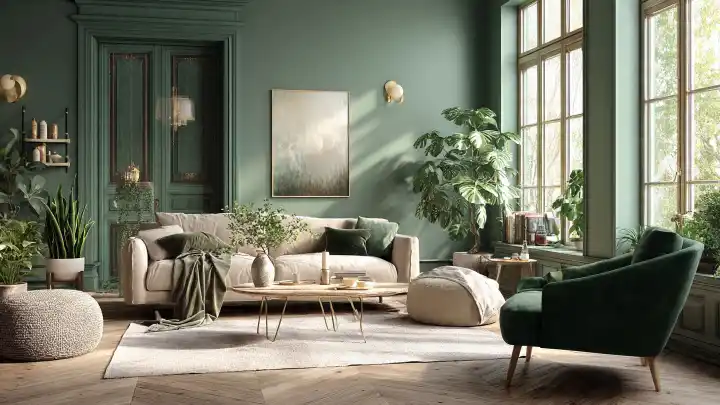 Soggiorno luminoso con pareti verde salvia e arredi coordinati. Soggiorno elegante con pareti color verde salvia, divano beige, poltrona in velluto verde scuro, grandi finestre luminose e piante d'appartamento.