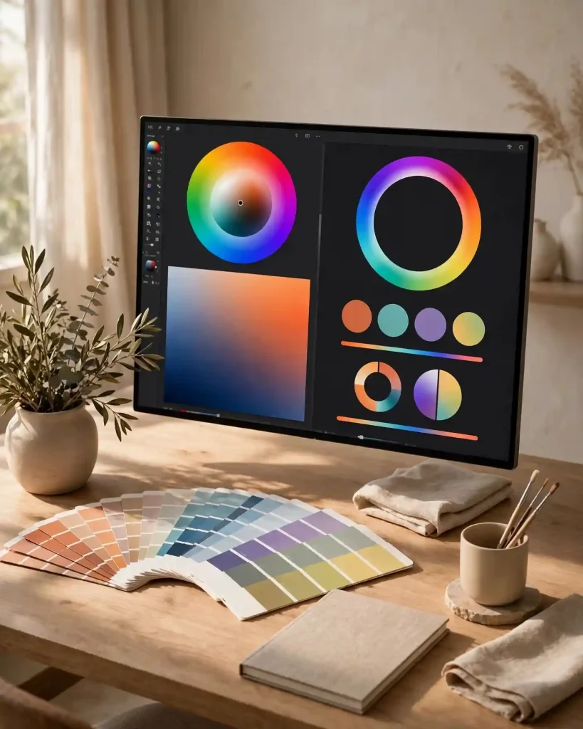 Workspace creativo con monitor che mostra palette digitali, ruota dei colori e campioni stampati per confronto tra formati colore.