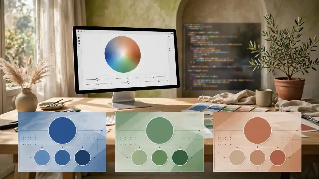 Workspace con palette digitali e ruota dei colori Confronto HEX RGB HSL per scegliere il formato colore giusto