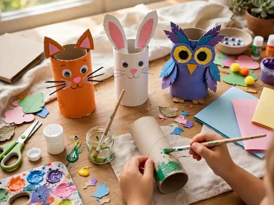 Animali con rotoli di carta riciclati Lavoretti per bambini con rotoli di carta trasformati in animali colorati, tavolo creativo con colori, forbici e materiali riciclati.