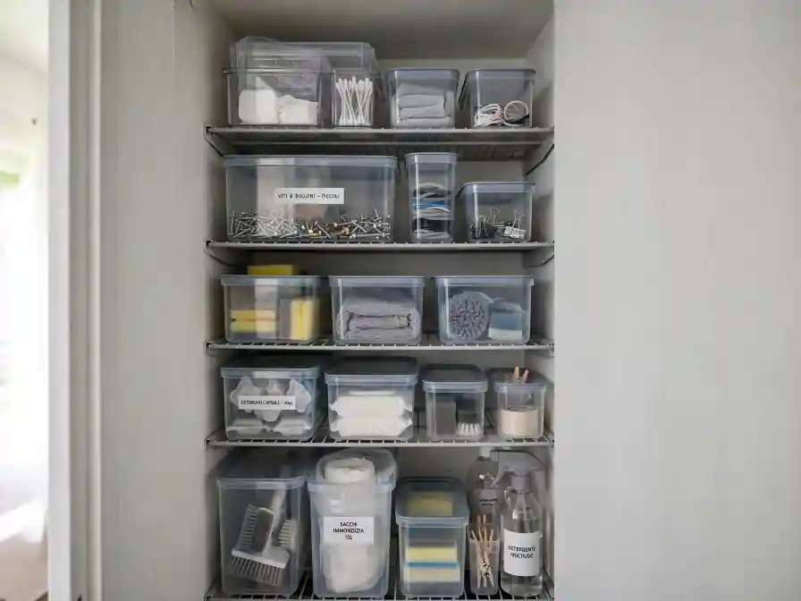 Armadio ordinato con contenitori per accessori domestici Armadio con scaffali ordinati e contenitori trasparenti che raccolgono viti, bulloni, capsule detersivo, sacchi immondizia, spugne, panni e piccoli accessori domestici.