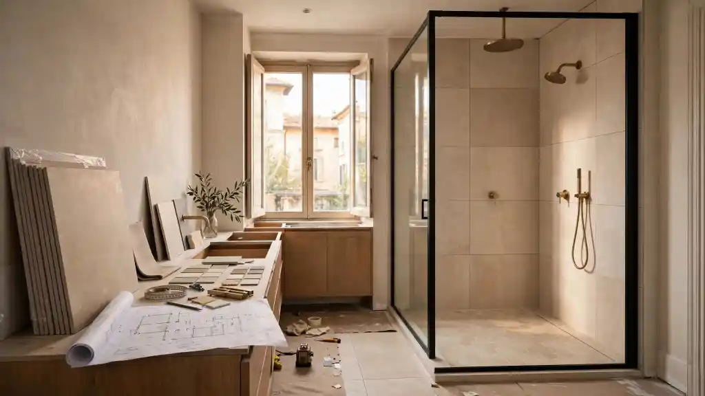Ristrutturazione bagno con nuovi rivestimenti Bagno in fase di ristrutturazione con piastrelle, progetti tecnici e doccia moderna in installazione.