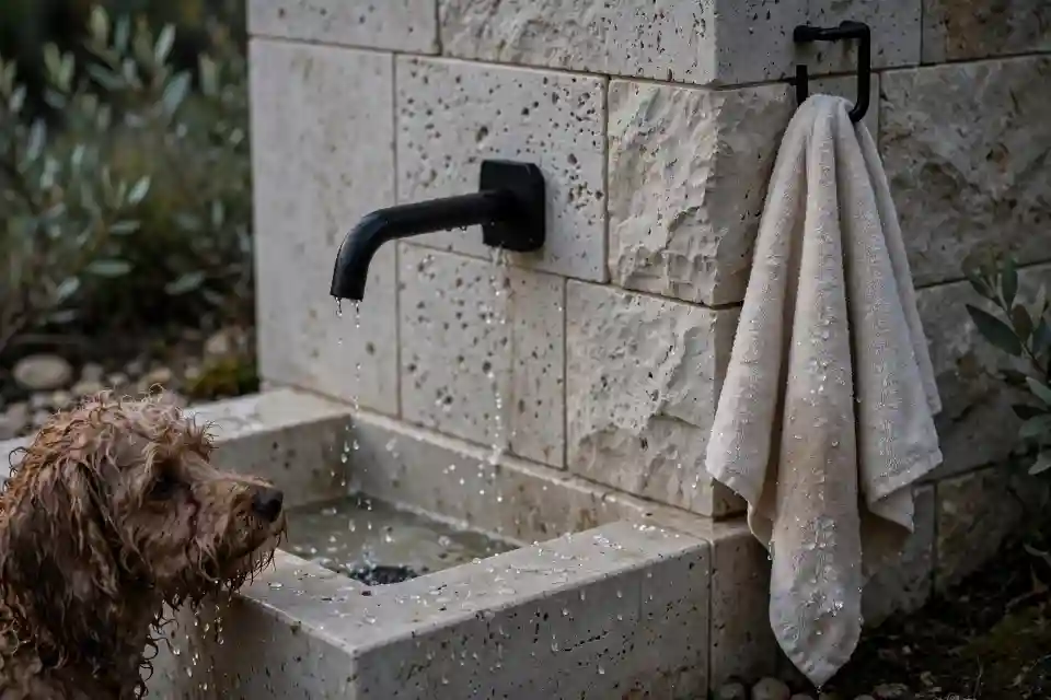Area lavaggio Barkitecture con cane bagnato Cane bagnato vicino a una piccola area lavaggio in pietra con rubinetto e asciugamano, soluzione pratica di Barkitecture per mantenere il giardino sicuro e funzionale.