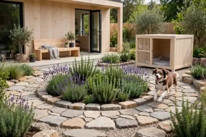 Cane che cammina su un percorso circolare in pietra in un giardino moderno con aiuola centrale, casetta in legno e area relax, esempio di Barkitecture pensata per sicurezza e comfort