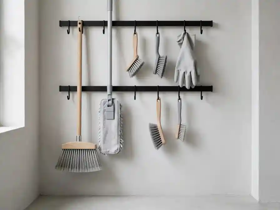 Barre con ganci per organizzare gli strumenti di pulizia Barre metalliche nere con ganci che sorreggono scopa, mop, spazzole in legno e guanti grigi, organizzati in modo ordinato su una parete chiara.