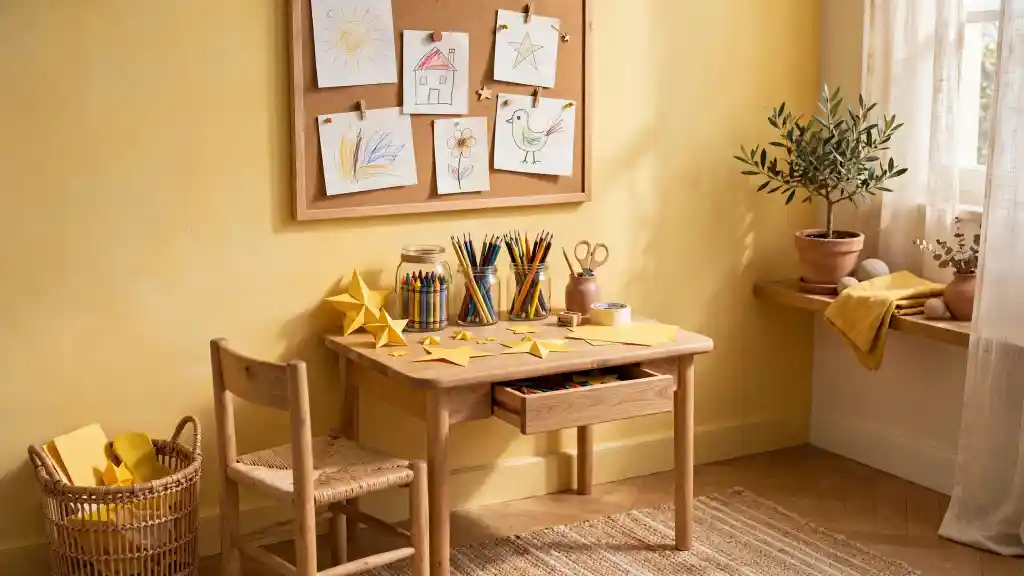 Angolo creativo per bambini con parete gialla, scrivania in legno, matite colorate, forbici, carta e lavagna con disegni infantili. Uno spazio luminoso e ordinato pensato per attività creative nella camera dei bambini gialla.