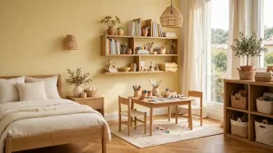 Camera dei bambini con dettagli gialli, tavolino per attività creative con matite colorate, scaffali in legno e letto in tonalità neutre. Ambiente luminoso e naturale pensato per giochi, lettura e creatività quotidiana.