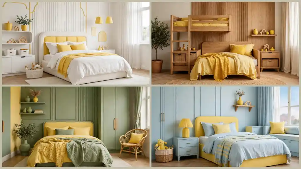 Quattro camere dei bambini con palette gialla declinata in stili diversi: moderna bianco‑giallo, naturale con legno e giallo, verde salvia e giallo, blu pastello e giallo. Idee e abbinamenti creativi per una camera dei bambini gialla luminosa e personalizzata.