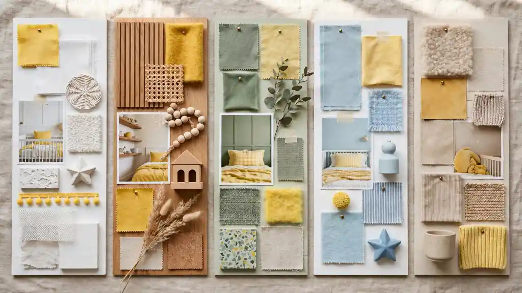 Quattro moodboard verticali con campioni di tessuti, texture naturali, piccoli oggetti decorativi e foto di camere dei bambini in palette gialla, beige, verde e blu. Idee e ispirazioni per progettare una camera dei bambini gialla creativa e armoniosa.