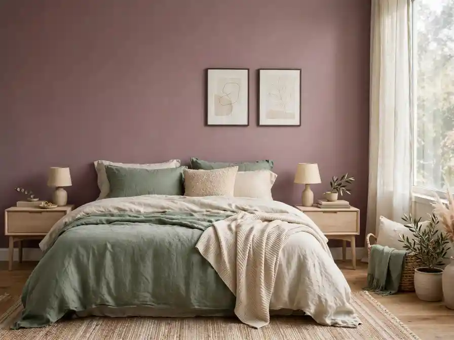 Camera da letto con parete malva Camera da letto con parete malva e tessili verde salvia