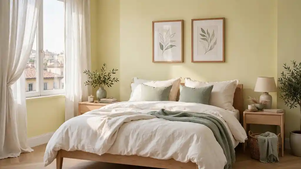 Pareti giallo pastello in camera da letto Camera da letto con pareti giallo chiaro, arredi in legno e dettagli verde salvia in ambiente luminoso.