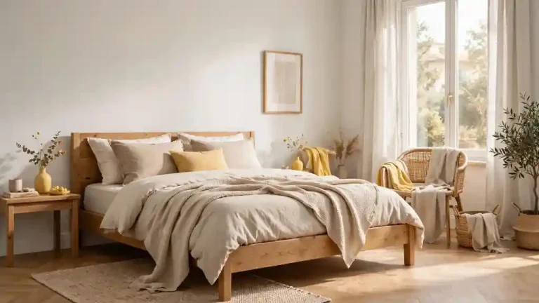 Cameretta con palette neutra e tocchi di giallo soft: letto in legno con biancheria beige, cuscino giallo senape, sedia in vimini con plaid giallo e dettagli naturali. Un esempio di come arredare una cameretta gialla senza renderla troppo vivace.