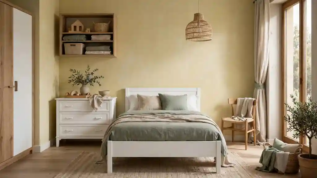 Cameretta gialla soft e naturale Cameretta con parete gialla chiara, letto bianco con biancheria verde e beige, cassettiera bianca con decorazioni naturali e sedia in legno con plaid neutro. Un esempio equilibrato di come arredare una cameretta gialla senza renderla troppo vivace.