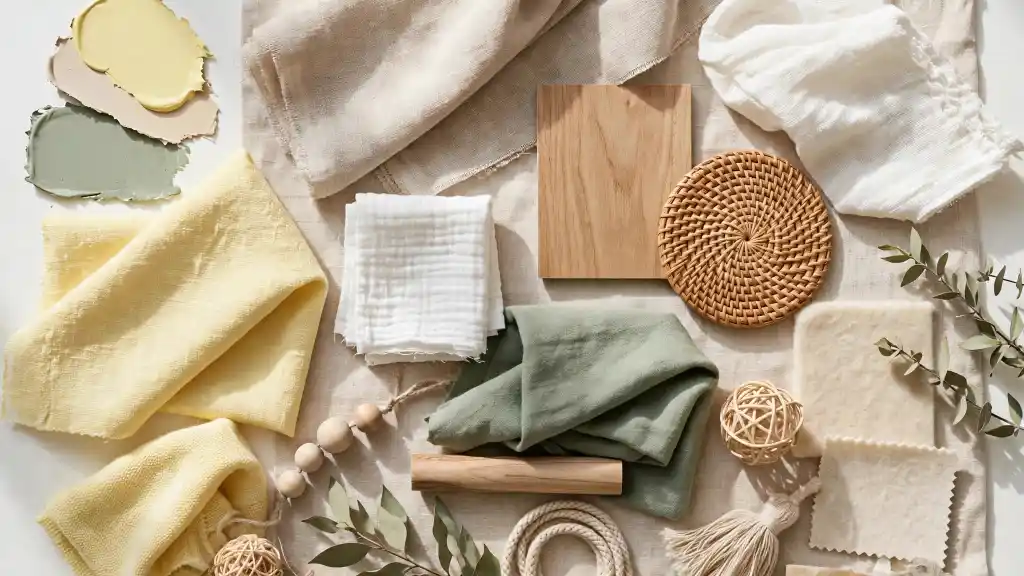 Moodboard per cameretta gialla soft Moodboard con campioni di tessuti gialli, beige e verde salvia, materiali naturali come legno, corda e fibre intrecciate. Una palette equilibrata che mostra come arredare una cameretta gialla senza renderla troppo vivace.