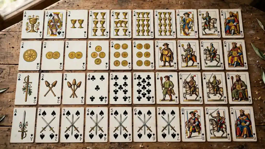 Mazzo completo delle 40 carte napoletane tradizionali Tutte le 40 carte napoletane disposte in griglia su un tavolo di legno con i semi di coppe, denari, bastoni e spade visibili per il carte napoletane significato.