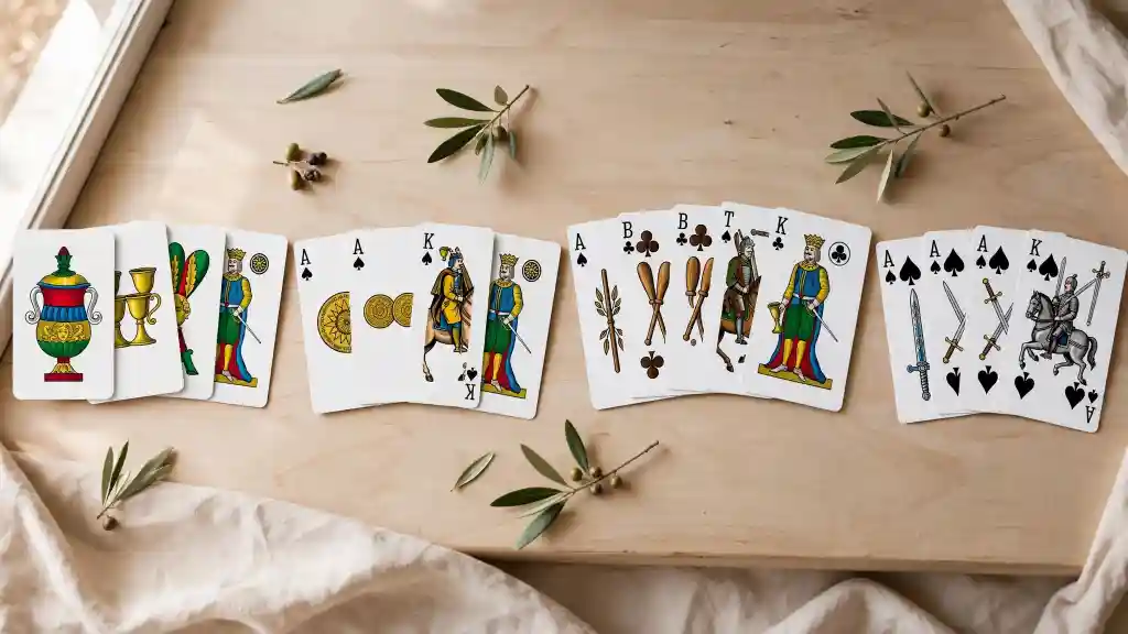 Carte napoletane organizzate per semi tradizionali Carte napoletane disposte in gruppi sul piano chiaro con i semi di coppe, denari, bastoni e spade, utili per comprendere il carte napoletane significato.