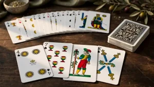 Carte napoletane aperte su un tavolo in legno con semi di denari, coppe, spade e bastoni visibili, utilizzate per comprendere il carte napoletane significato.