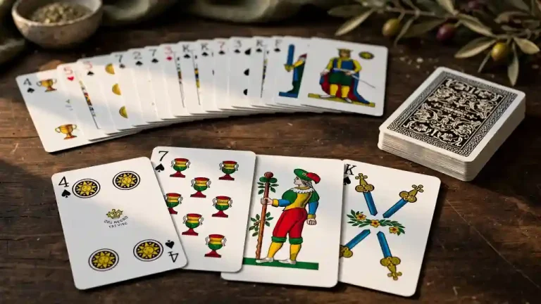 Carte napoletane aperte su un tavolo in legno con semi di denari, coppe, spade e bastoni visibili, utilizzate per comprendere il carte napoletane significato.