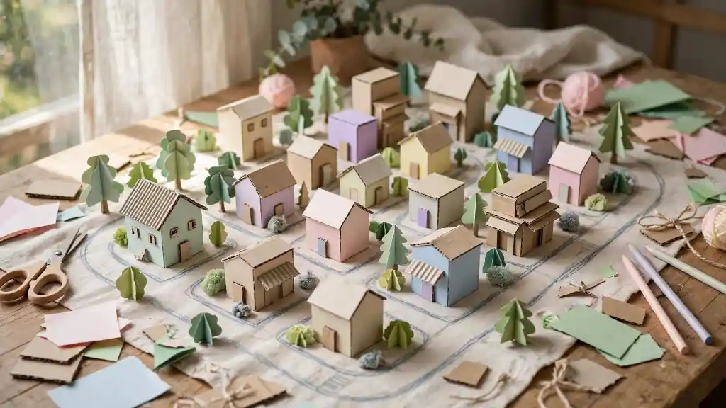 Casette in cartone riciclato per bambini Lavoretto per bambini con casette e alberi realizzati in cartone riciclato, tavolo creativo con forbici, colori e materiali di recupero.