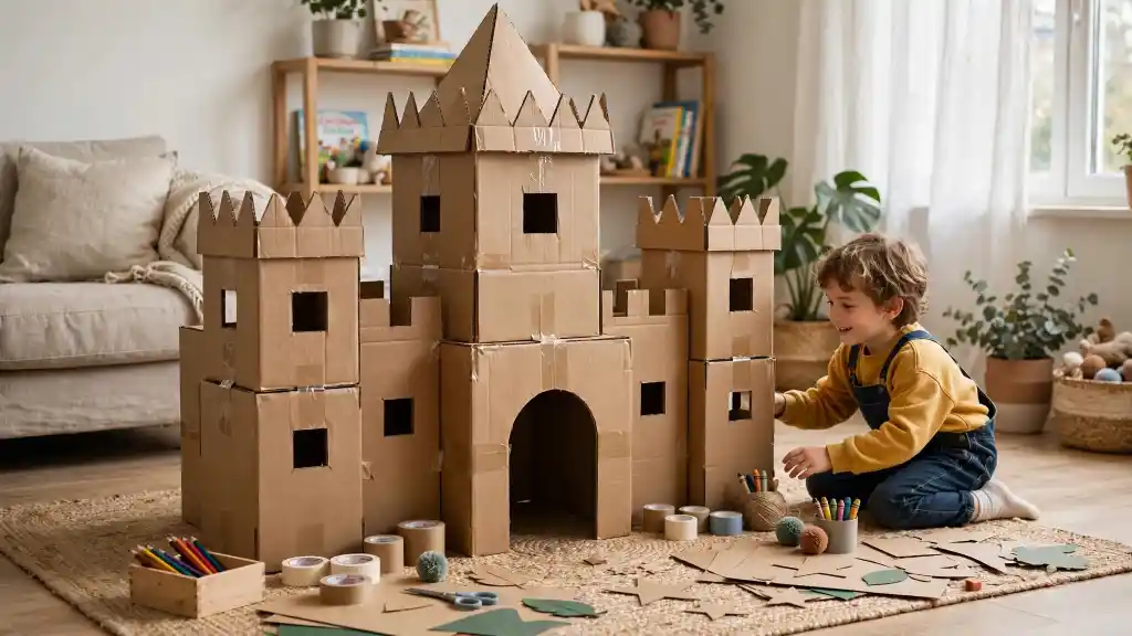 Castello di cartone riciclato per bambini Bambino che gioca con un castello costruito con scatole di cartone riciclato, circondato da materiali creativi.