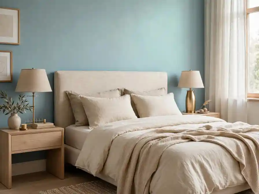 Camera da letto moderna con parete celeste polvere di stelle e arredi neutri.